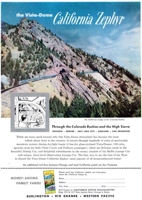 California Zephyr train. Holiday magazine, February 1959.