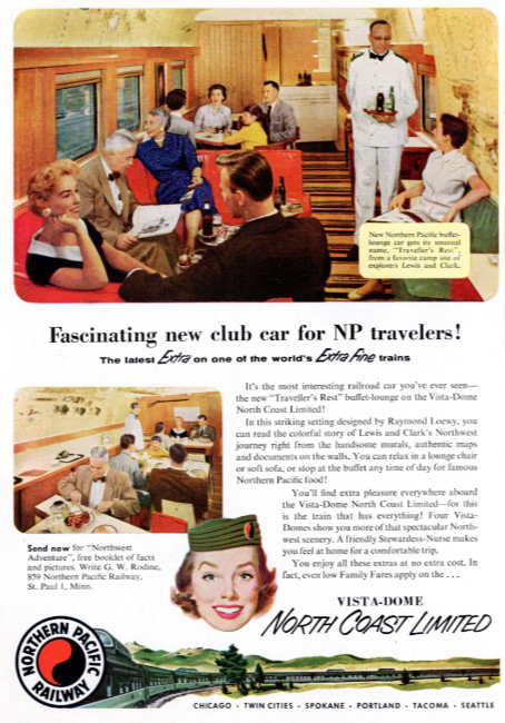 Northern Pacific Railway - North Coast Limited. Holiday magazine, November 1955.
