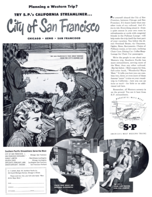 Southern Pacific Railway - City of San Francisco. Holiday magazine, May 1954.