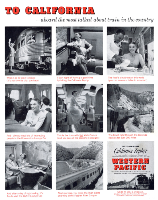 California Zephyr, Western Pacific Railroad. Holiday magazine, November 1955.