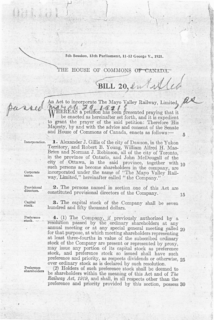 The Mayo Valley Railway, notice of incorporation - March 29, 1921