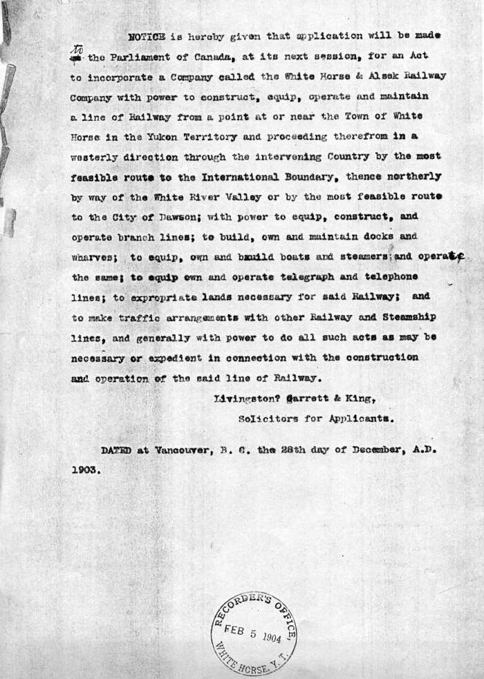 White Horse & Alsek Railway, notice of incorporation - December 28, 1903